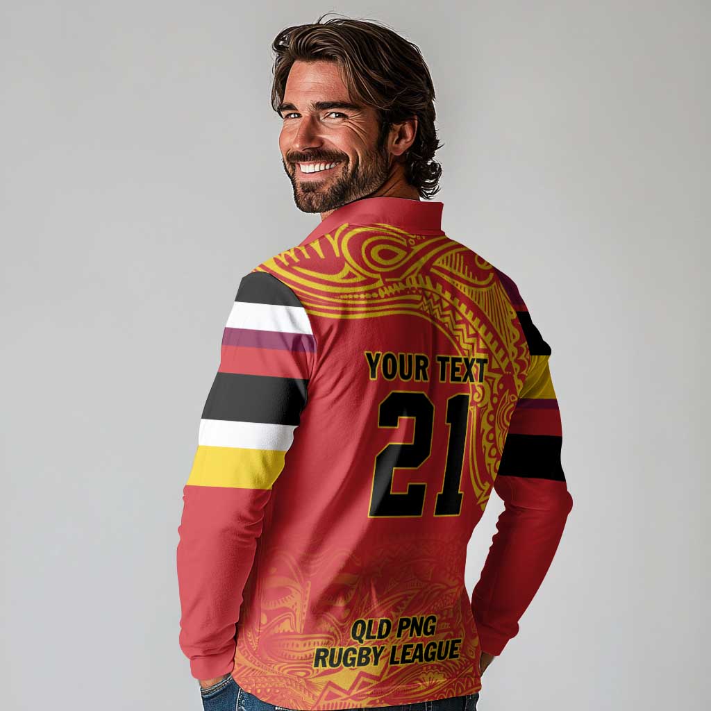 Queensland Papua New Guinea Custom Long Sleeve Polo Shirt All Red Pacific PNG Tribal Style LT9 - Polynesian Pride