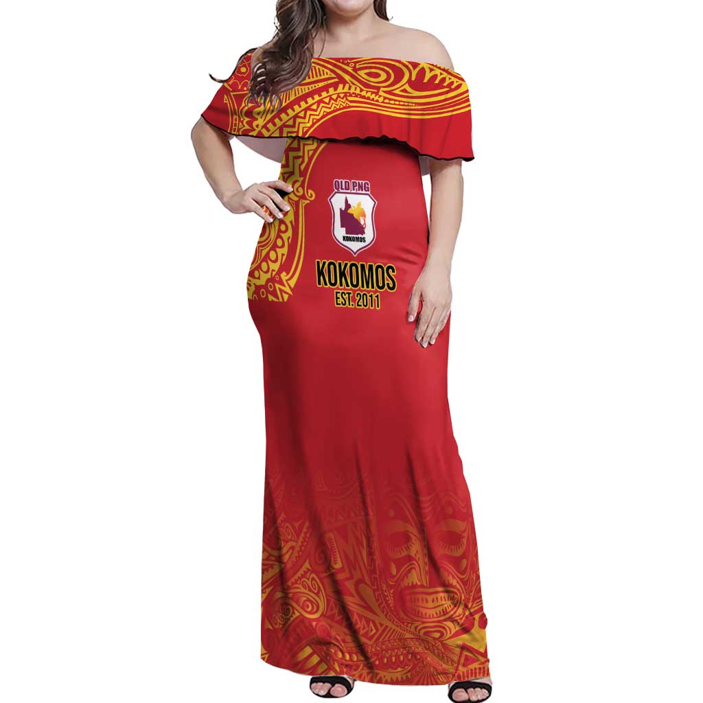 Queensland Papua New Guinea Custom Off Shoulder Maxi Dress All Red Pacific PNG Tribal Style LT9 Women Red - Polynesian Pride