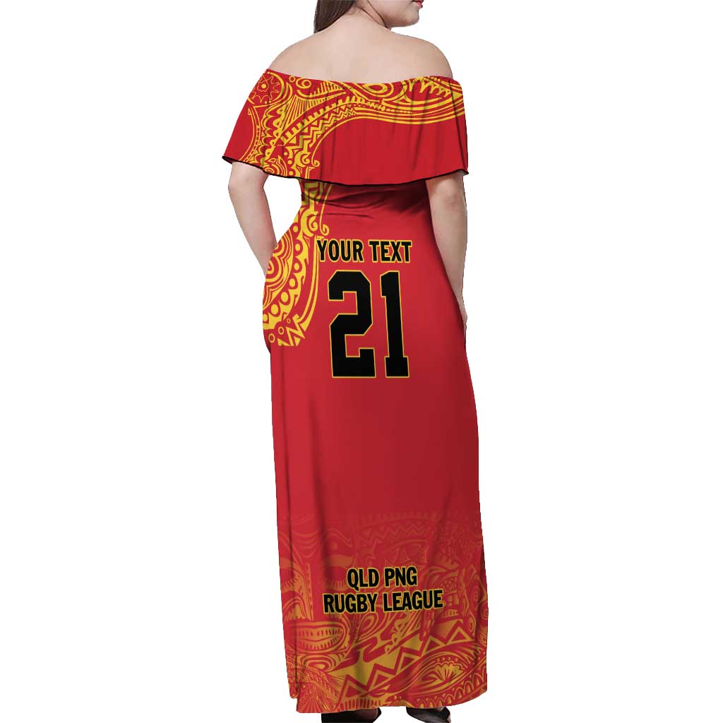 Queensland Papua New Guinea Custom Off Shoulder Maxi Dress All Red Pacific PNG Tribal Style LT9 - Polynesian Pride