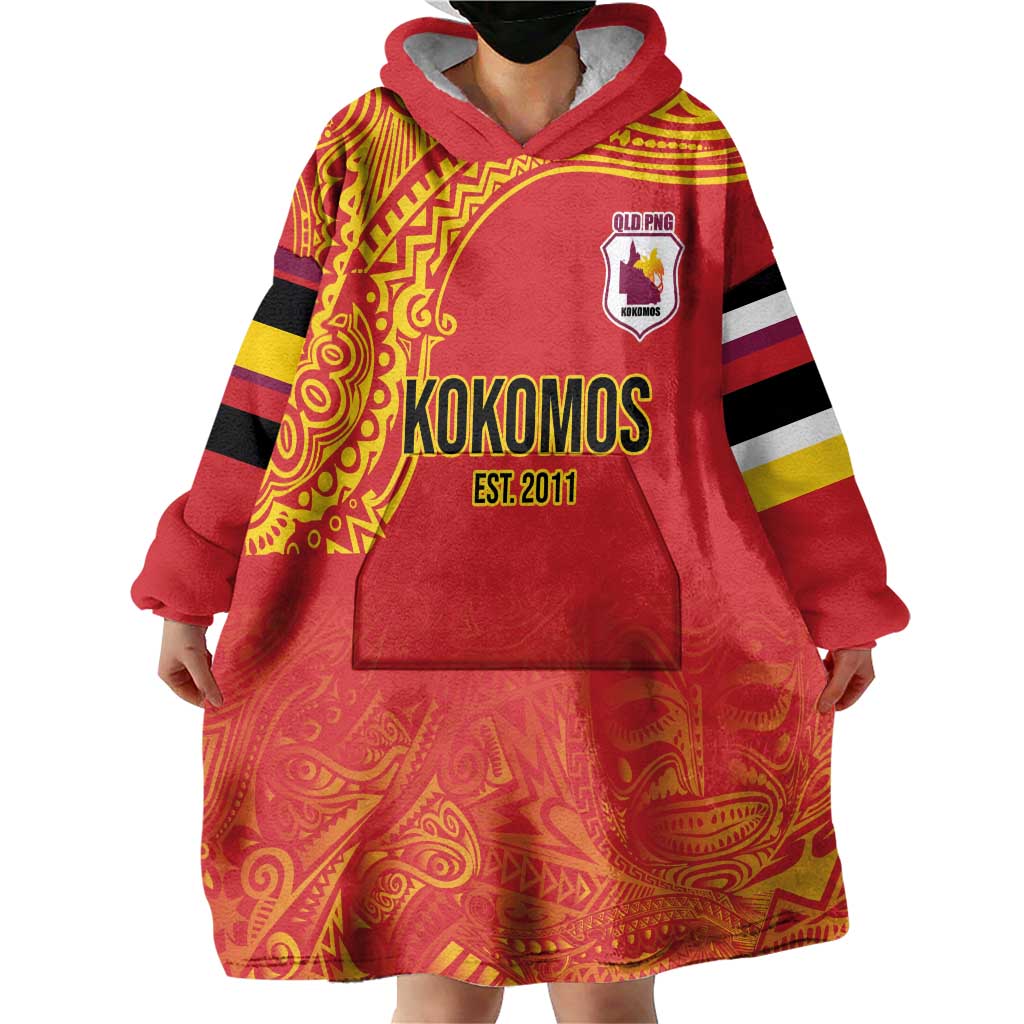 Queensland Papua New Guinea Custom Wearable Blanket Hoodie All Red Pacific PNG Tribal Style LT9 - Polynesian Pride