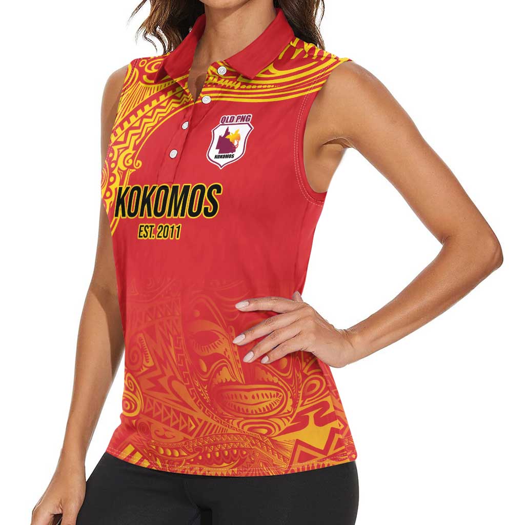 Queensland Papua New Guinea Custom Women Sleeveless Polo Shirt All Red Pacific PNG Tribal Style LT9 - Polynesian Pride