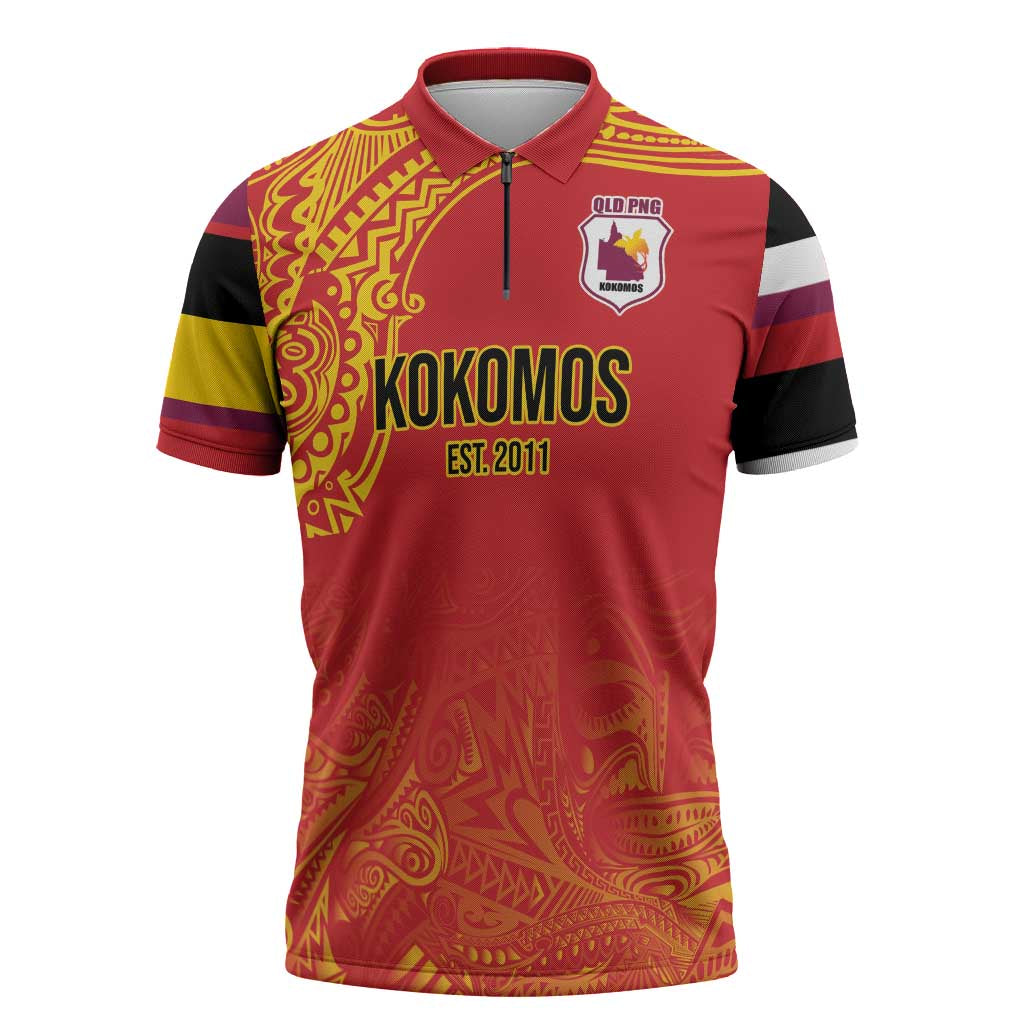 Queensland Papua New Guinea Custom Zipper Polo Shirt All Red Pacific PNG Tribal Style LT9 Red - Polynesian Pride