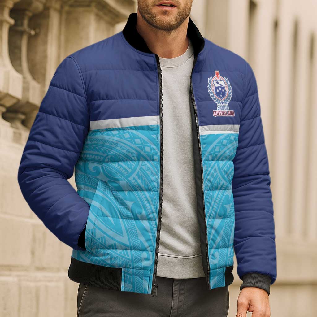 Queensland Samoa Custom Bomber Puffer Jacket Blue Pacific Polynesian Tribal Pattern - Polynesian Pride