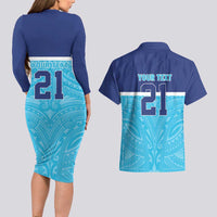 Queensland Samoa Custom Couples Matching Long Sleeve Bodycon Dress and Hawaiian Shirt Blue Pacific Polynesian Tribal Pattern LT9 - Polynesian Pride