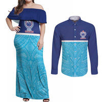 Queensland Samoa Custom Couples Matching Off Shoulder Maxi Dress and Long Sleeve Button Shirt Blue Pacific Polynesian Tribal Pattern