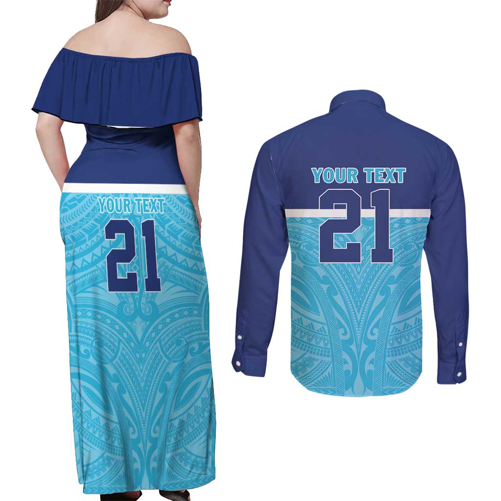 Queensland Samoa Custom Couples Matching Off Shoulder Maxi Dress and Long Sleeve Button Shirt Blue Pacific Polynesian Tribal Pattern