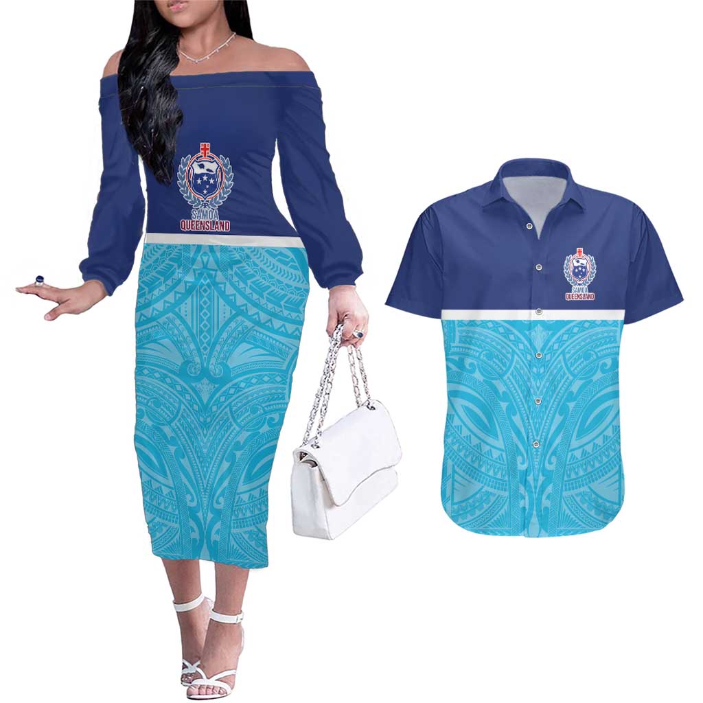 Queensland Samoa Custom Couples Matching Off The Shoulder Long Sleeve Dress and Hawaiian Shirt Blue Pacific Polynesian Tribal Pattern