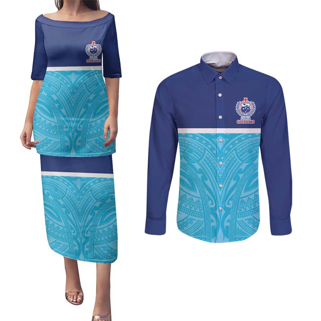 Queensland Samoa Custom Couples Matching Puletasi and Long Sleeve Button Shirt Blue Pacific Polynesian Tribal Pattern LT9 Blue - Polynesian Pride