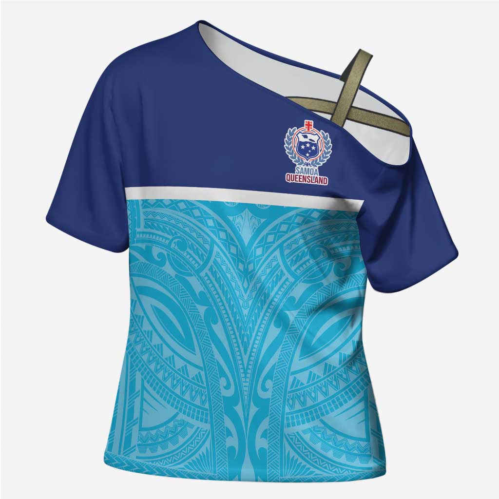 Queensland Samoa Custom Cross Shoulder Shirt Blue Pacific Polynesian Tribal Pattern - Polynesian Pride
