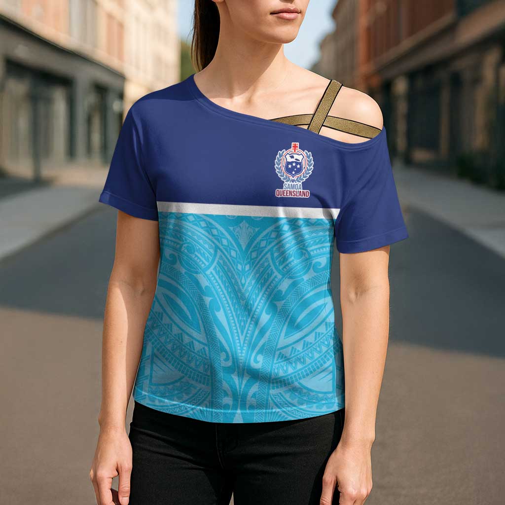 Queensland Samoa Custom Cross Shoulder Shirt Blue Pacific Polynesian Tribal Pattern - Polynesian Pride