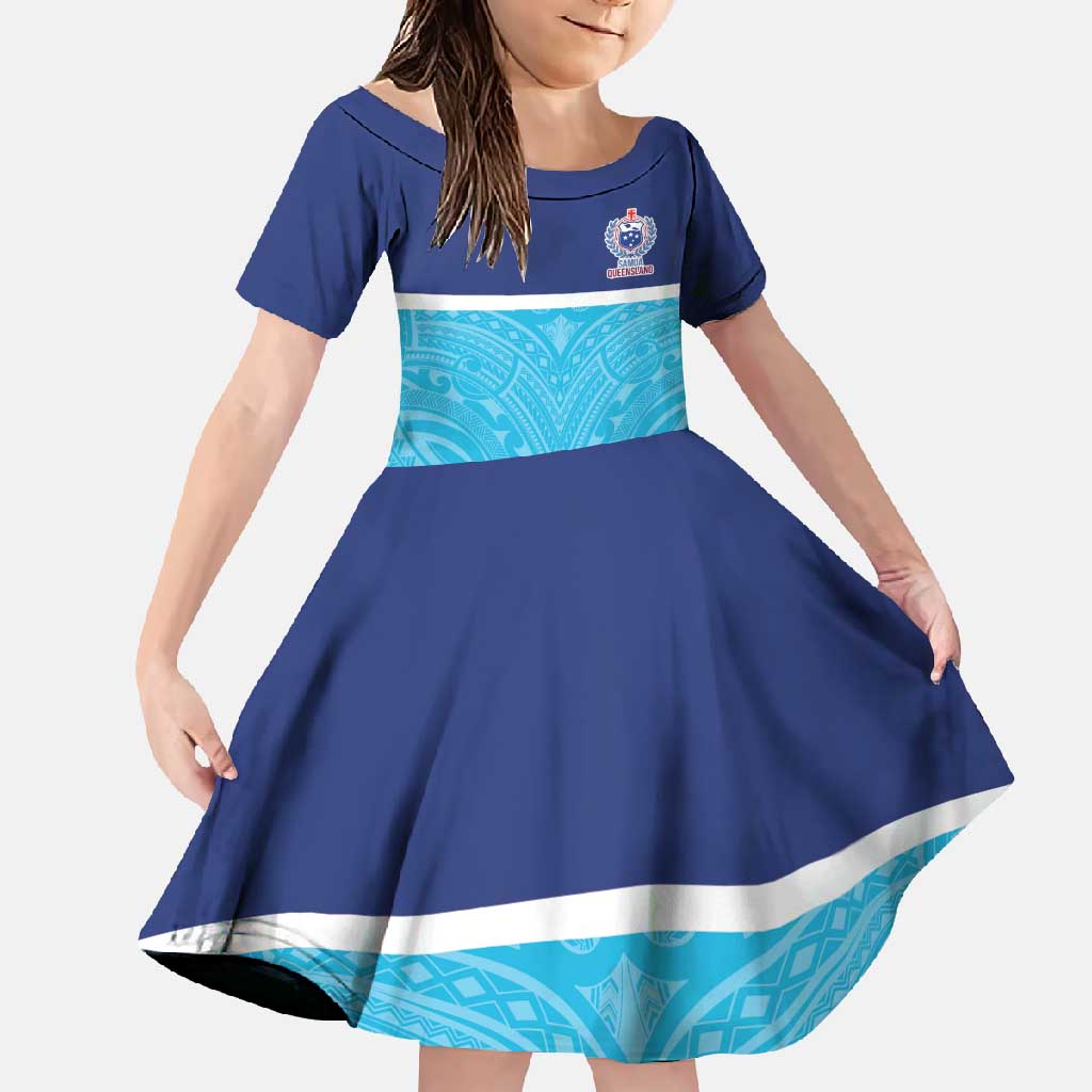 Queensland Samoa Custom Family Matching Long Sleeve Bodycon Dress and Hawaiian Shirt Blue Pacific Polynesian Tribal Pattern LT9 Daughter's Dress Blue - Polynesian Pride