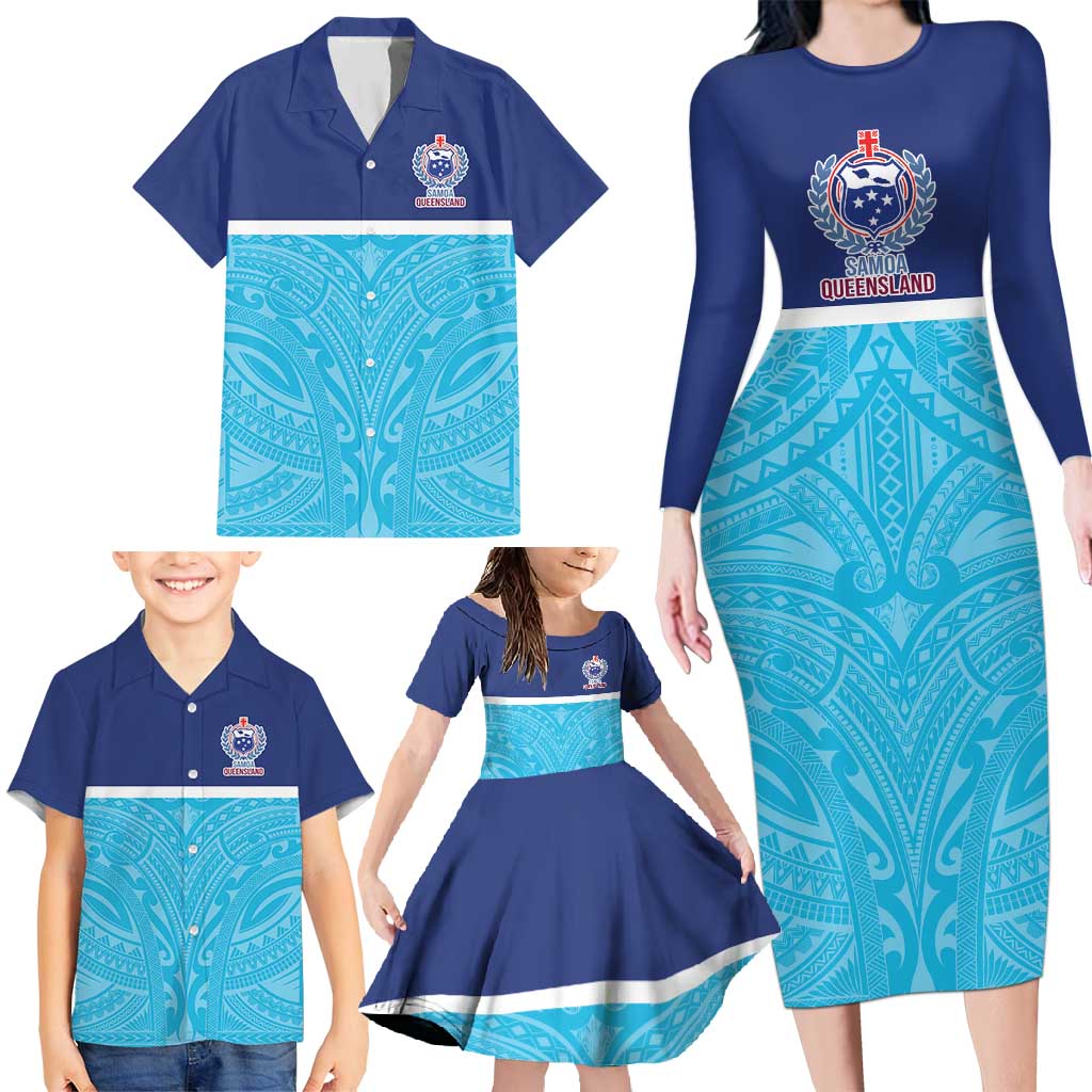 Queensland Samoa Custom Family Matching Long Sleeve Bodycon Dress and Hawaiian Shirt Blue Pacific Polynesian Tribal Pattern LT9 - Polynesian Pride