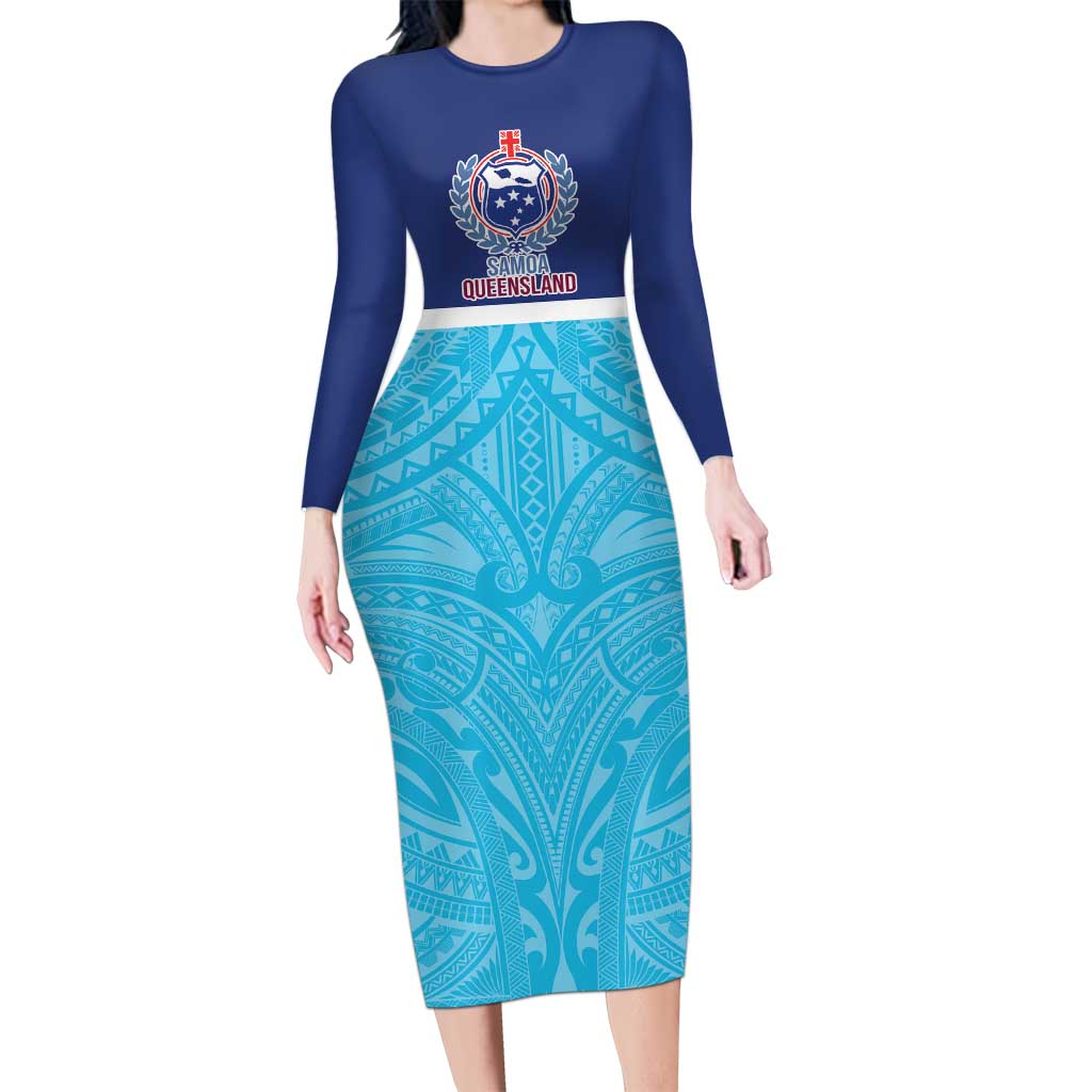 Queensland Samoa Custom Family Matching Long Sleeve Bodycon Dress and Hawaiian Shirt Blue Pacific Polynesian Tribal Pattern LT9 Mom's Dress Blue - Polynesian Pride