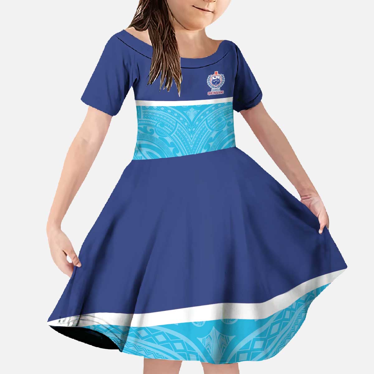 Queensland Samoa Custom Family Matching Off The Shoulder Long Sleeve Dress and Hawaiian Shirt Blue Pacific Polynesian Tribal Pattern LT9 Daughter's Dress Blue - Polynesian Pride