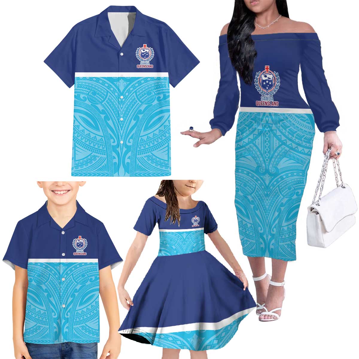 Queensland Samoa Custom Family Matching Off The Shoulder Long Sleeve Dress and Hawaiian Shirt Blue Pacific Polynesian Tribal Pattern LT9 - Polynesian Pride
