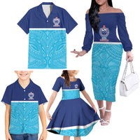 Queensland Samoa Custom Family Matching Off The Shoulder Long Sleeve Dress and Hawaiian Shirt Blue Pacific Polynesian Tribal Pattern LT9 - Polynesian Pride