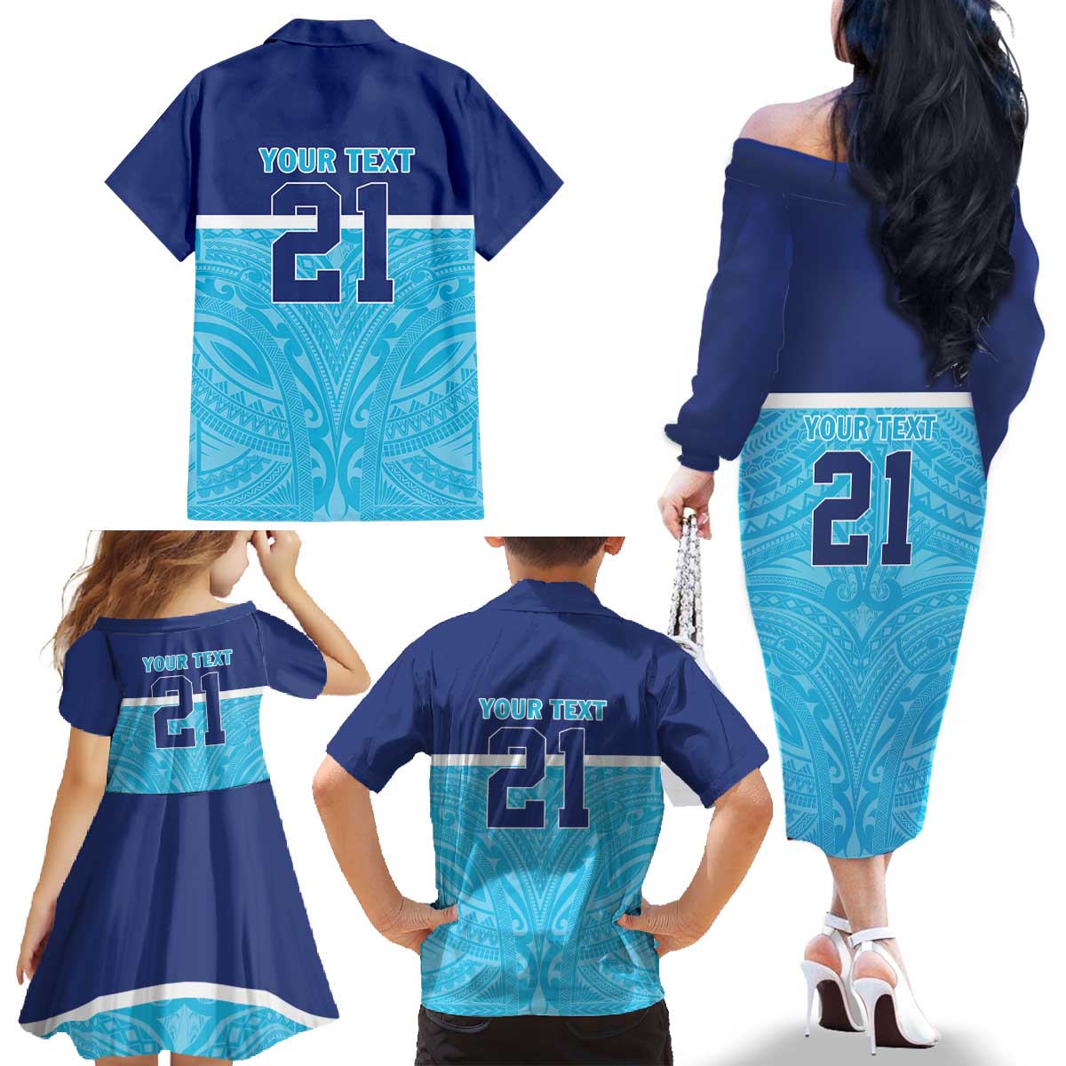 Queensland Samoa Custom Family Matching Off The Shoulder Long Sleeve Dress and Hawaiian Shirt Blue Pacific Polynesian Tribal Pattern LT9 - Polynesian Pride