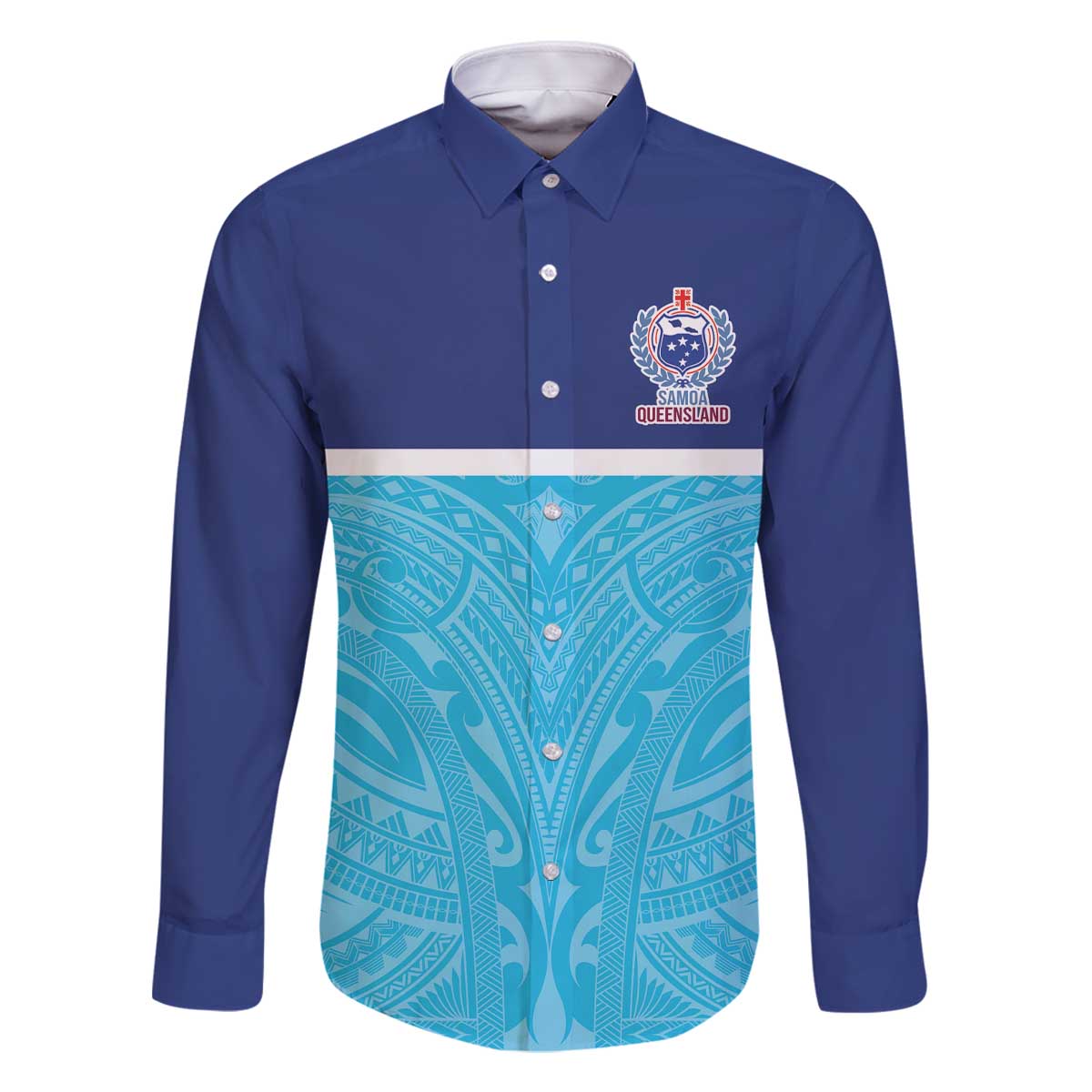 Queensland Samoa Custom Family Matching Off The Shoulder Long Sleeve Dress and Hawaiian Shirt Blue Pacific Polynesian Tribal Pattern LT9 Dad's Shirt - Long Sleeve Blue - Polynesian Pride