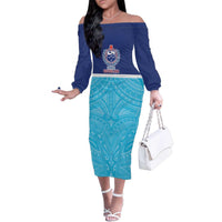 Queensland Samoa Custom Family Matching Off The Shoulder Long Sleeve Dress and Hawaiian Shirt Blue Pacific Polynesian Tribal Pattern LT9 Mom's Dress Blue - Polynesian Pride