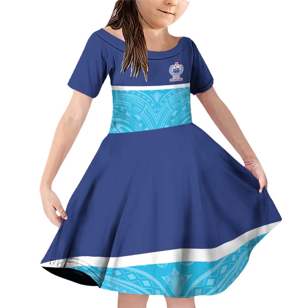 Queensland Samoa Custom Family Matching Off Shoulder Short Dress and Hawaiian Shirt Blue Pacific Polynesian Tribal Pattern