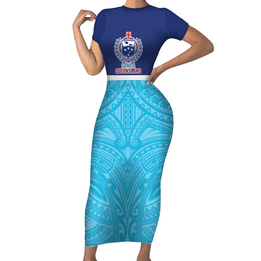 Queensland Samoa Custom Family Matching Short Sleeve Bodycon Dress and Hawaiian Shirt Blue Pacific Polynesian Tribal Pattern LT9 Mom's Dress Blue - Polynesian Pride
