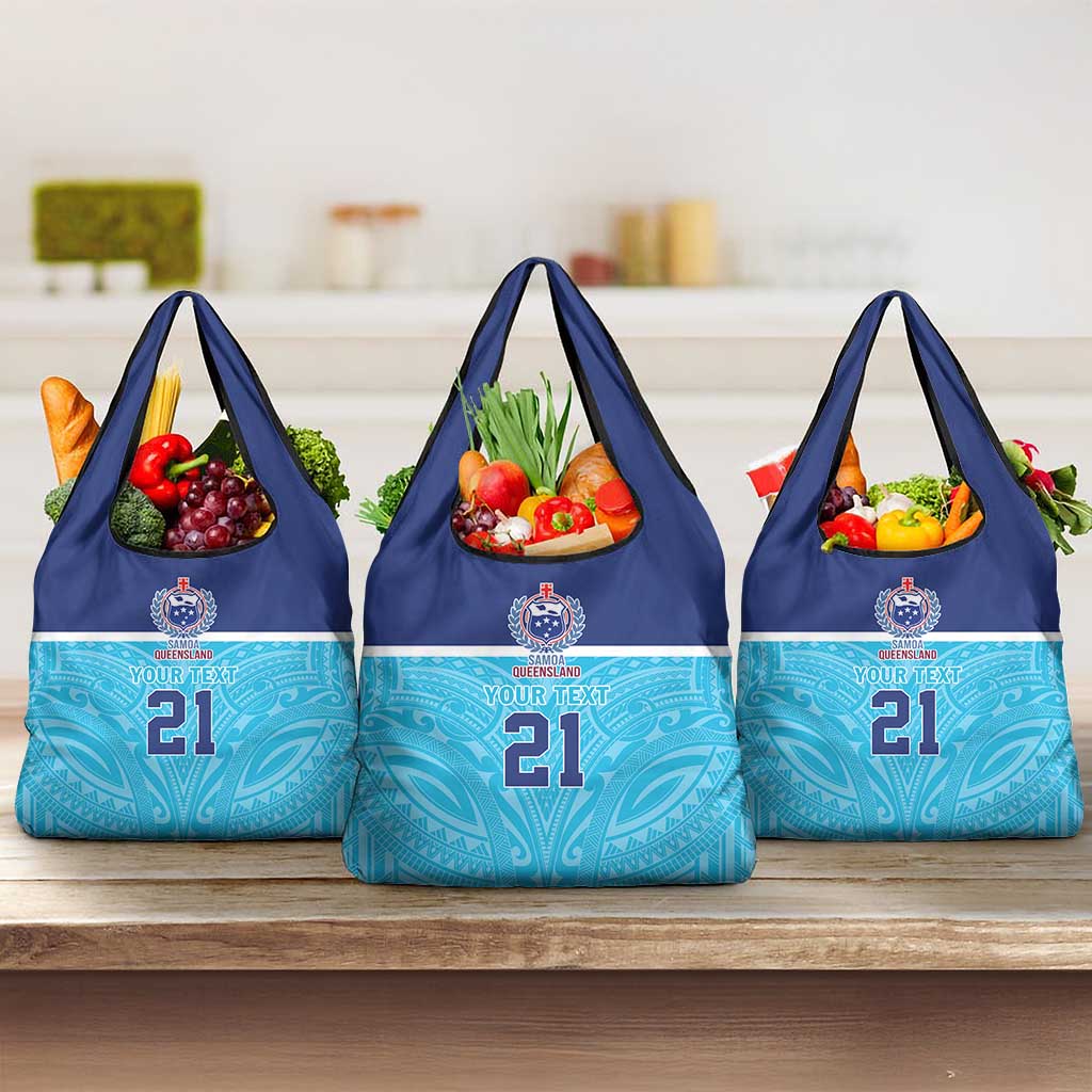Queensland Samoa Custom Grocery Bag Blue Pacific Polynesian Tribal Pattern