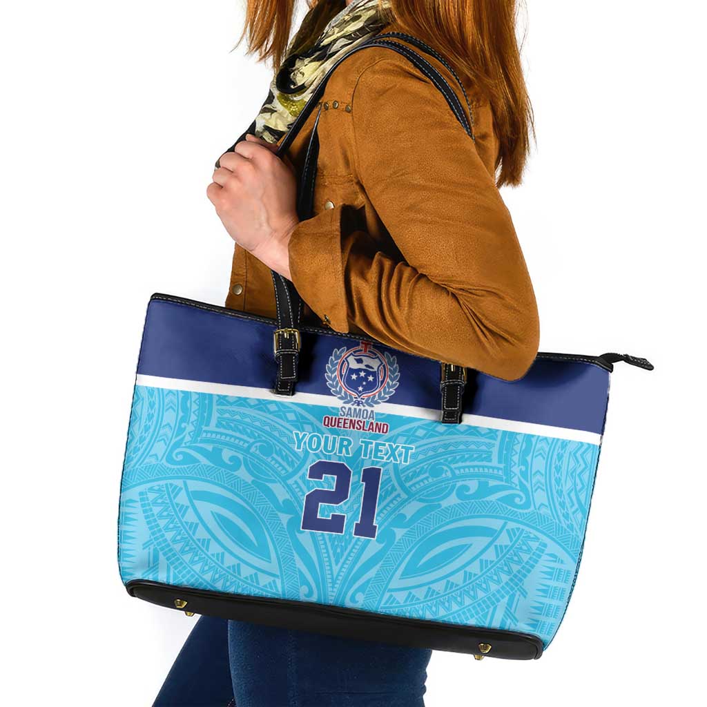 Queensland Samoa Custom Leather Tote Bag Blue Pacific Polynesian Tribal Pattern