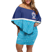 Queensland Samoa Custom Off Shoulder Short Dress Blue Pacific Polynesian Tribal Pattern LT9 Women Blue - Polynesian Pride