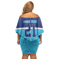 Queensland Samoa Custom Off Shoulder Short Dress Blue Pacific Polynesian Tribal Pattern LT9 - Polynesian Pride