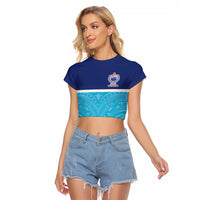 Queensland Samoa Custom Raglan Cropped T Shirt Blue Pacific Polynesian Tribal Pattern