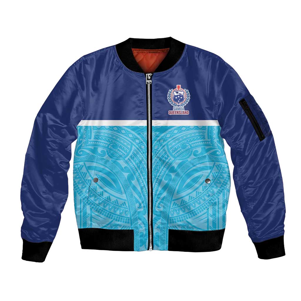 Queensland Samoa Custom Sleeve Zip Bomber Jacket Blue Pacific Polynesian Tribal Pattern LT9 Unisex Blue - Polynesian Pride