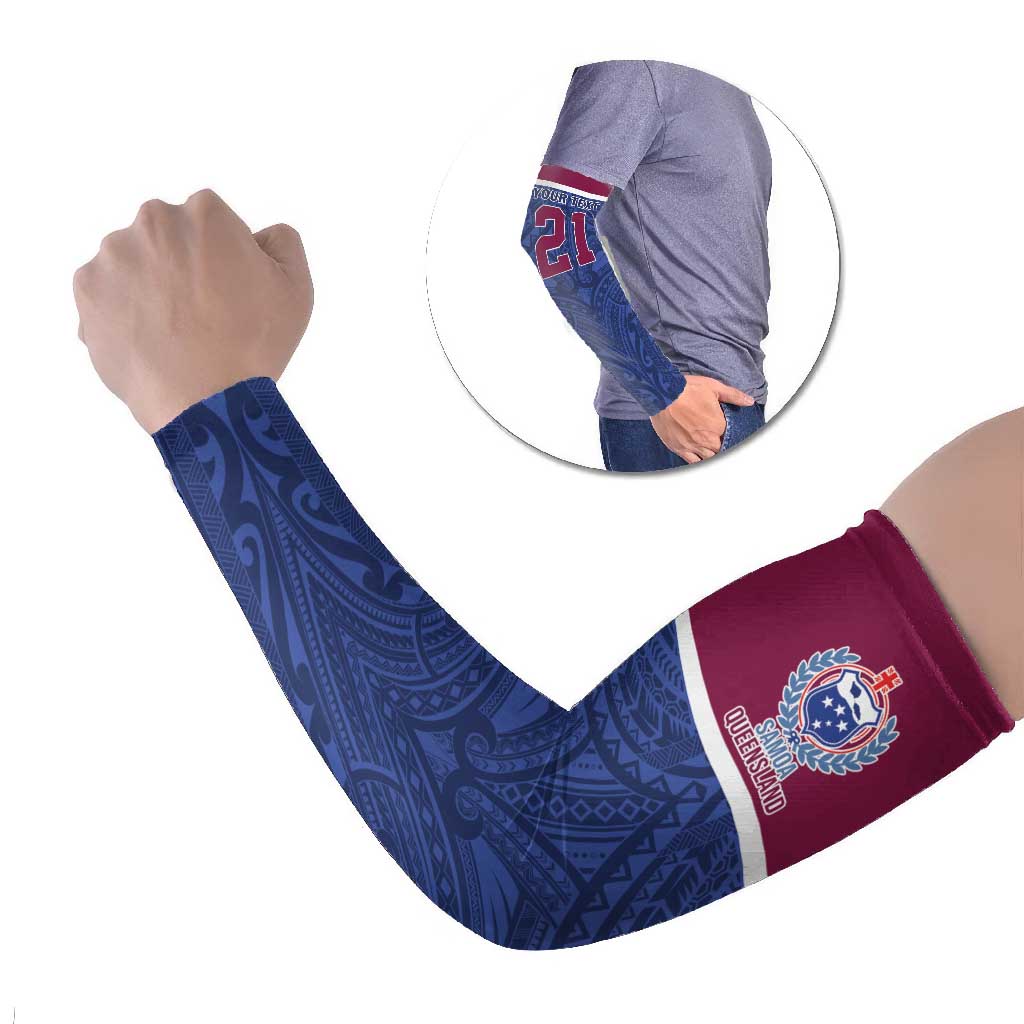 Queensland Samoa Custom Arm Sleeves Maroon-Blue Pacific Polynesian Tribal Pattern - Polynesian Pride