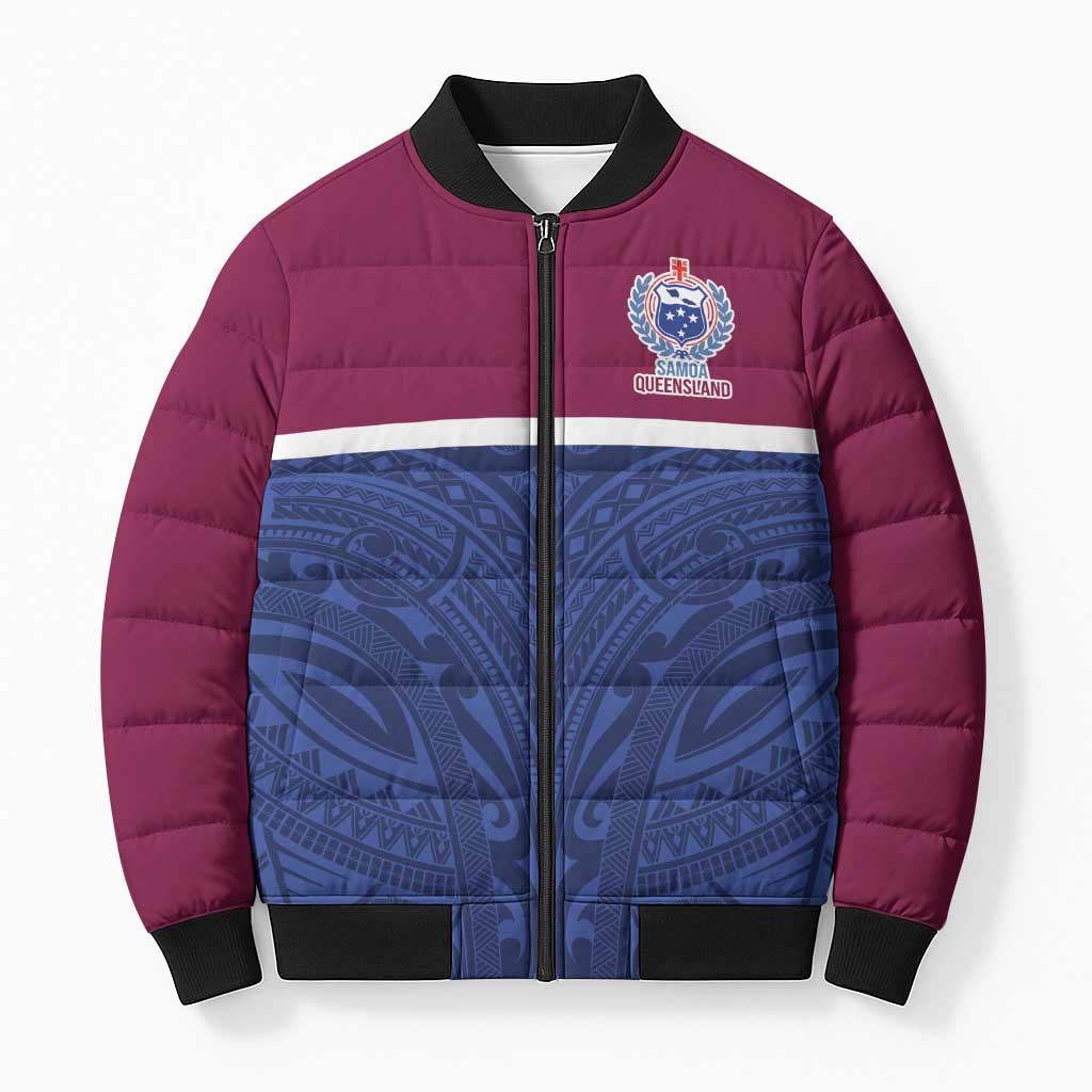 Queensland Samoa Custom Bomber Puffer Jacket Maroon-Blue Pacific Polynesian Tribal Pattern - Polynesian Pride