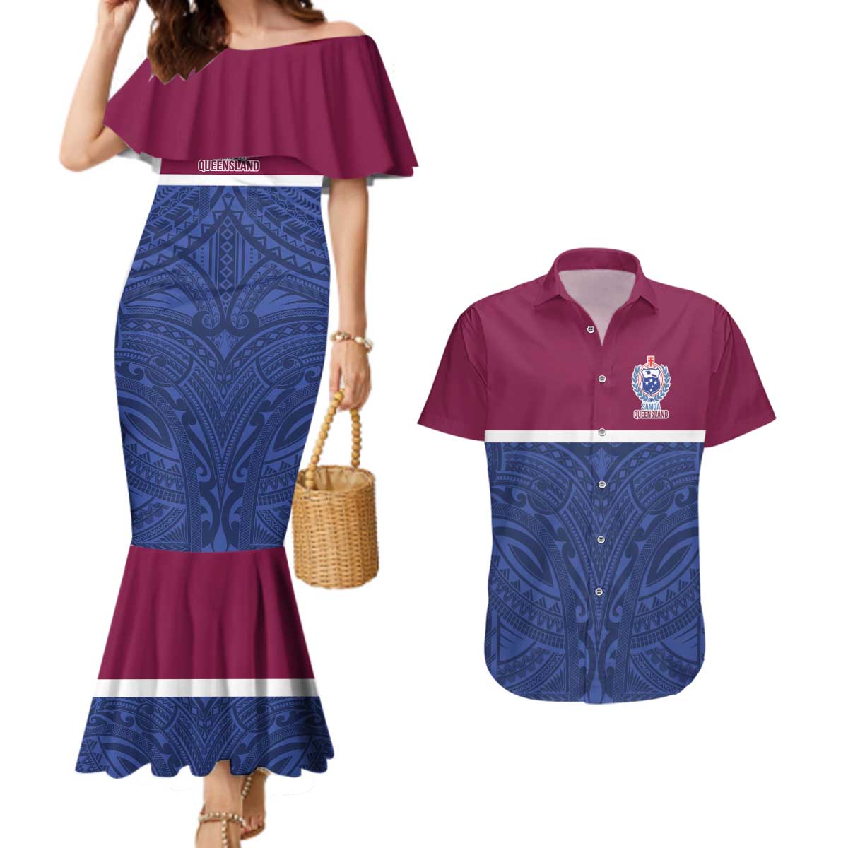 Queensland Samoa Custom Couples Matching Mermaid Dress and Hawaiian Shirt Maroon-Blue Pacific Polynesian Tribal Pattern LT9 Dark Blue - Polynesian Pride