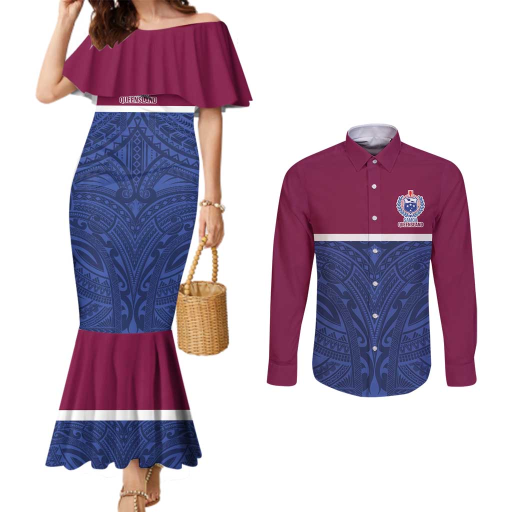 Queensland Samoa Custom Couples Matching Mermaid Dress and Long Sleeve Button Shirt Maroon-Blue Pacific Polynesian Tribal Pattern