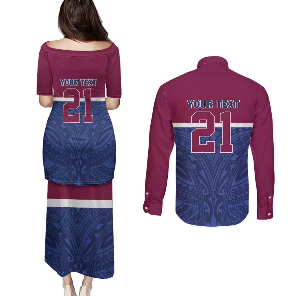 Queensland Samoa Custom Couples Matching Puletasi and Long Sleeve Button Shirt Maroon-Blue Pacific Polynesian Tribal Pattern