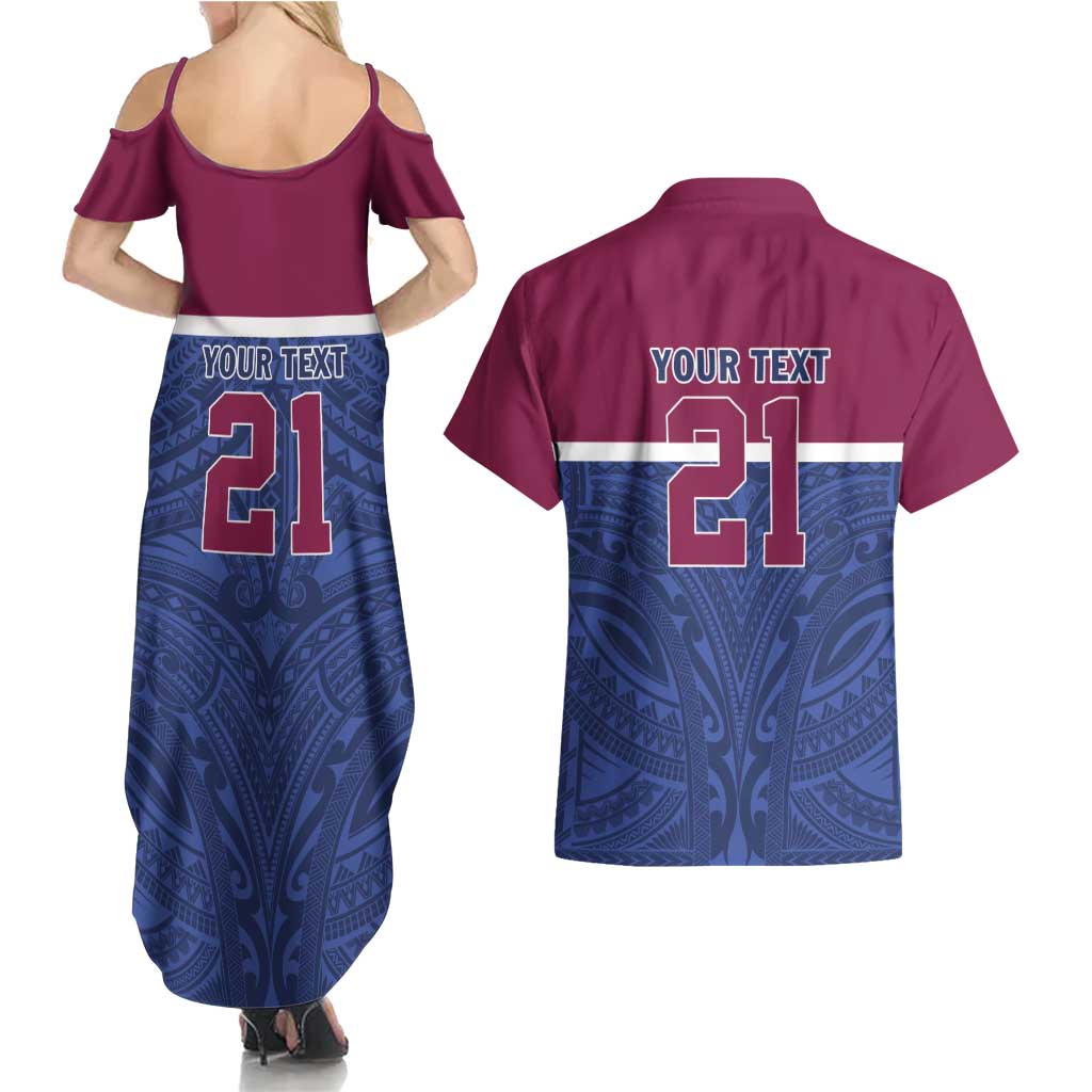 Queensland Samoa Custom Couples Matching Summer Maxi Dress and Hawaiian Shirt Maroon-Blue Pacific Polynesian Tribal Pattern