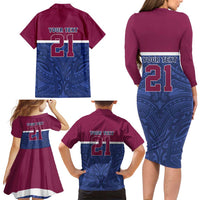 Queensland Samoa Custom Family Matching Long Sleeve Bodycon Dress and Hawaiian Shirt Maroon-Blue Pacific Polynesian Tribal Pattern LT9 - Polynesian Pride