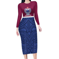 Queensland Samoa Custom Family Matching Long Sleeve Bodycon Dress and Hawaiian Shirt Maroon-Blue Pacific Polynesian Tribal Pattern LT9 Mom's Dress Dark Blue - Polynesian Pride