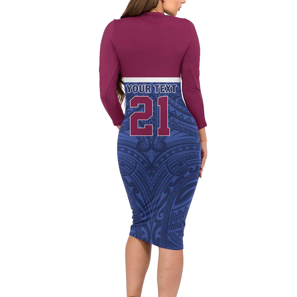 Queensland Samoa Custom Family Matching Long Sleeve Bodycon Dress and Hawaiian Shirt Maroon-Blue Pacific Polynesian Tribal Pattern LT9 - Polynesian Pride