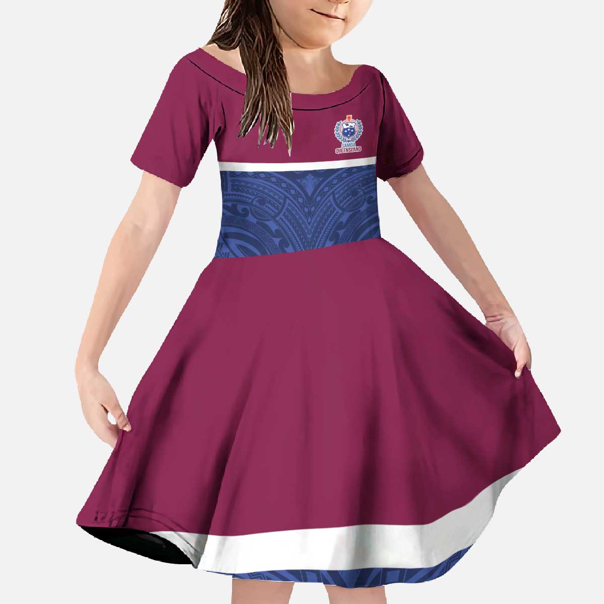 Queensland Samoa Custom Family Matching Off The Shoulder Long Sleeve Dress and Hawaiian Shirt Maroon-Blue Pacific Polynesian Tribal Pattern LT9 Daughter's Dress Dark Blue - Polynesian Pride