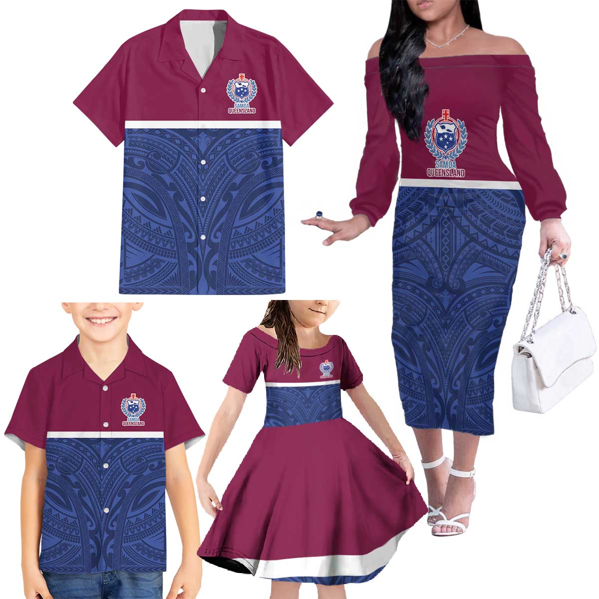Queensland Samoa Custom Family Matching Off The Shoulder Long Sleeve Dress and Hawaiian Shirt Maroon-Blue Pacific Polynesian Tribal Pattern LT9 - Polynesian Pride