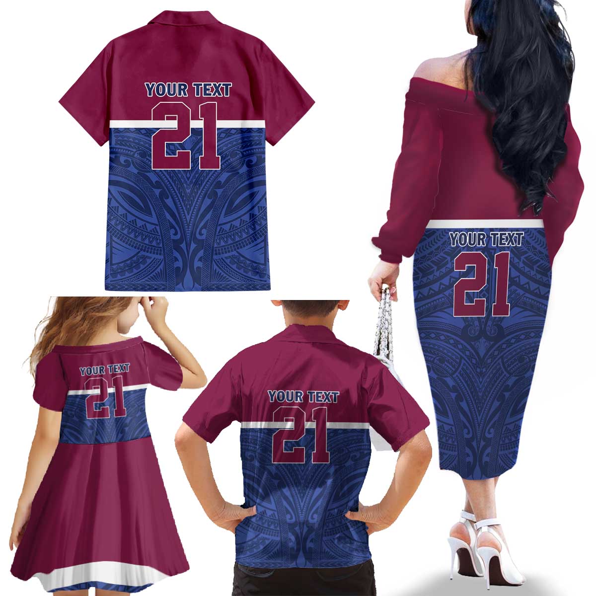 Queensland Samoa Custom Family Matching Off The Shoulder Long Sleeve Dress and Hawaiian Shirt Maroon-Blue Pacific Polynesian Tribal Pattern LT9 - Polynesian Pride