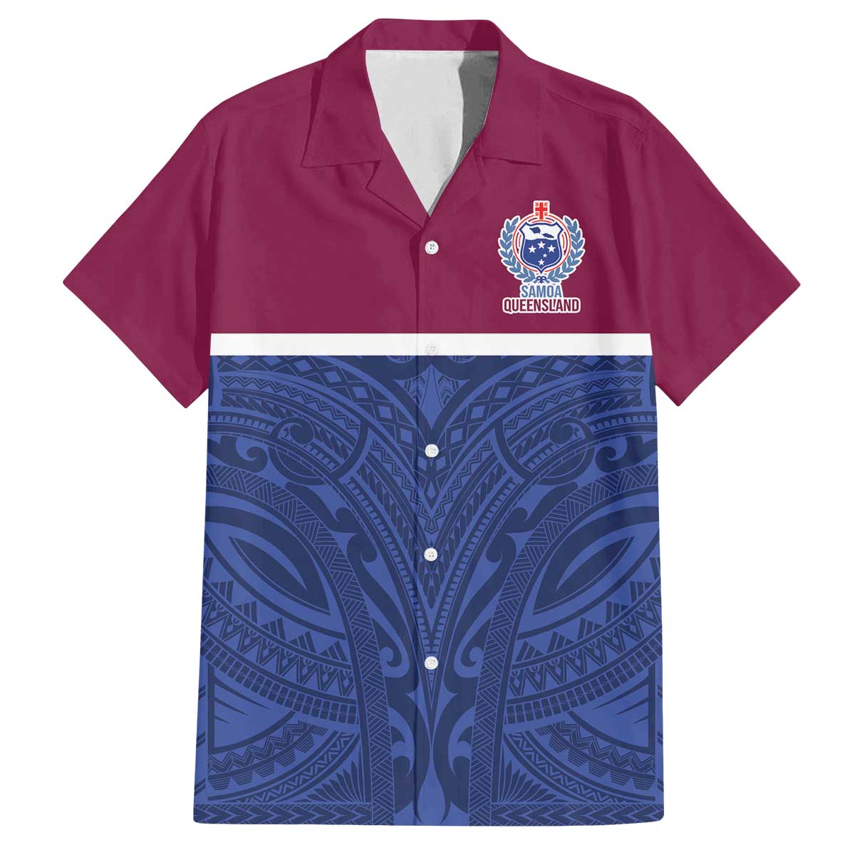 Queensland Samoa Custom Family Matching Off The Shoulder Long Sleeve Dress and Hawaiian Shirt Maroon-Blue Pacific Polynesian Tribal Pattern LT9 Dad's Shirt - Short Sleeve Dark Blue - Polynesian Pride