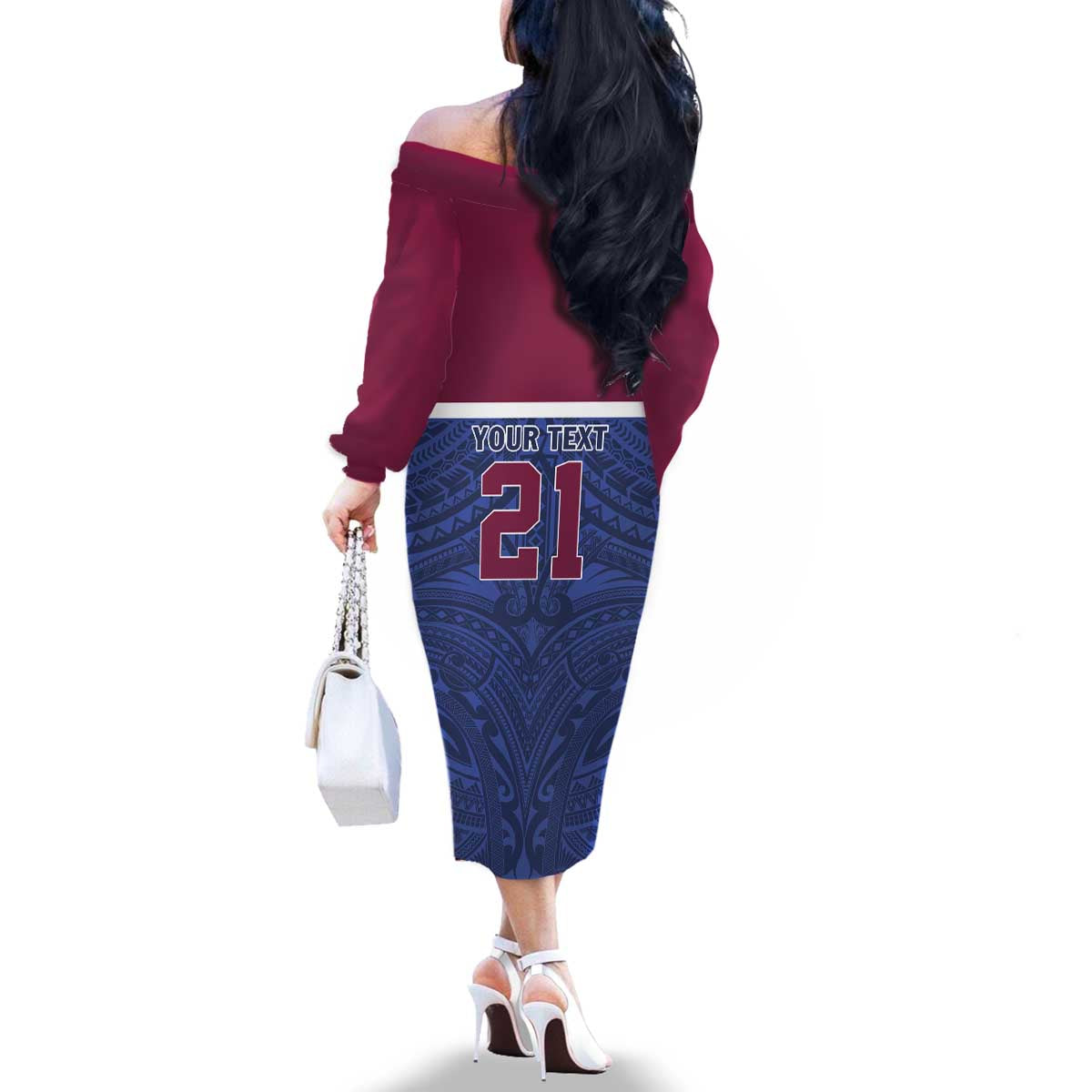 Queensland Samoa Custom Family Matching Off The Shoulder Long Sleeve Dress and Hawaiian Shirt Maroon-Blue Pacific Polynesian Tribal Pattern LT9 - Polynesian Pride
