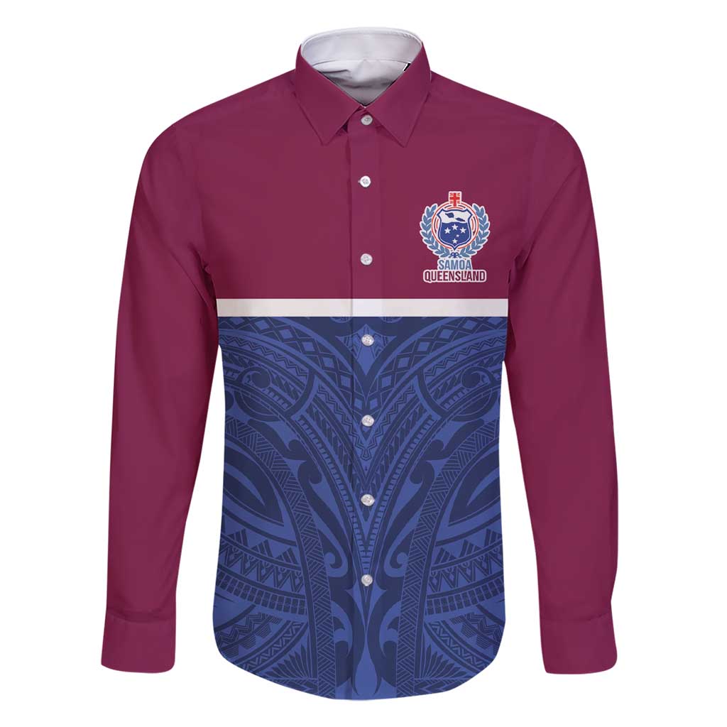 Queensland Samoa Custom Family Matching Short Sleeve Bodycon Dress and Hawaiian Shirt Maroon-Blue Pacific Polynesian Tribal Pattern LT9 Dad's Shirt - Long Sleeve Dark Blue - Polynesian Pride