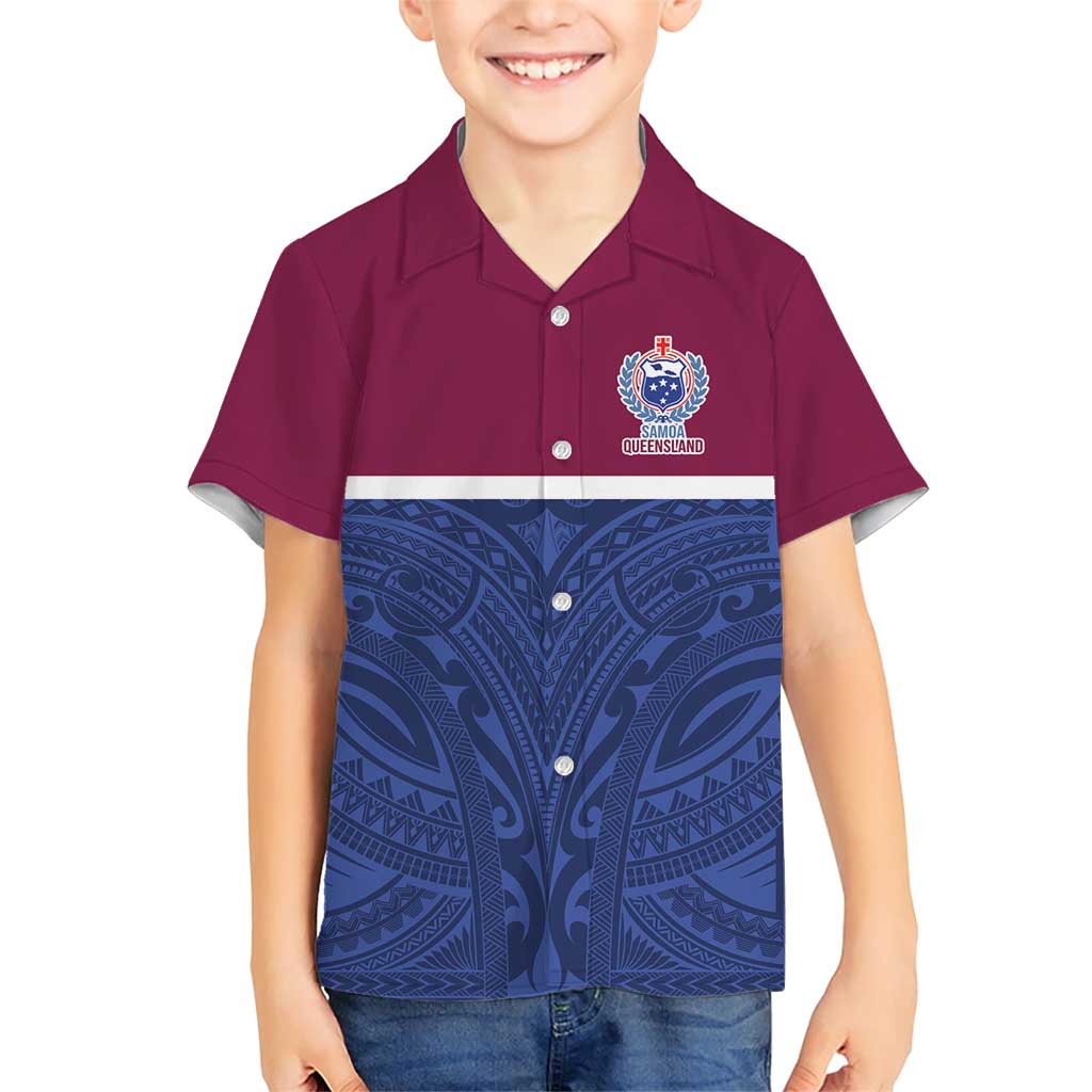 Queensland Samoa Custom Family Matching Short Sleeve Bodycon Dress and Hawaiian Shirt Maroon-Blue Pacific Polynesian Tribal Pattern LT9 Son's Shirt Dark Blue - Polynesian Pride