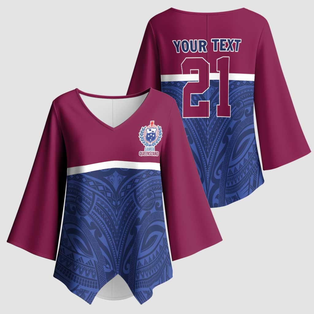Queensland Samoa Custom Kimono Sleeve Blouse Maroon-Blue Pacific Polynesian Tribal Pattern - Polynesian Pride
