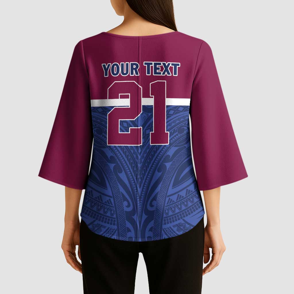 Queensland Samoa Custom Kimono Sleeve Blouse Maroon-Blue Pacific Polynesian Tribal Pattern - Polynesian Pride