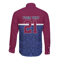 Queensland Samoa Custom Long Sleeve Button Shirt Maroon-Blue Pacific Polynesian Tribal Pattern